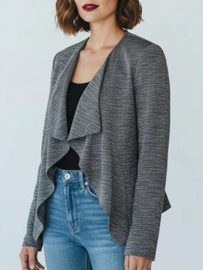 Boucle Tweed Gray Open Waterfall Blazer Casual chic Professional  dress jacket